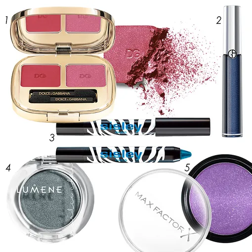 1 — Тени Duo, 135, Tropical Coral, Dolce & Gabbana, 3780 руб.; 2 — Жидкие тени Eye Tint Eyeshadow, 2, Minuit, Giorgio Armani, 2910 руб.; 3 — Карандаш для глаз Phyto-Eye Twist,5, Lagoon, Sisley,3045 руб.; 4 -Тени Nordic Chic Pure Color, 11, Pure Nature, Lumene, 780 руб.; 5 — Тени Wild Shadow Pots, 15, Vicious Purple, Max Factor, 284 руб.